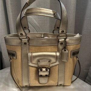 Vintage Legacy Coach Straw and Metallic Gold Tote Bag